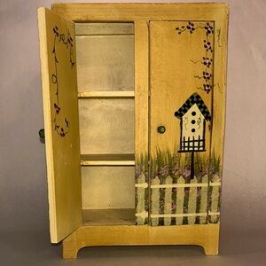 Vintage Yellow Dollhouse Cupboard w/Hand-Painted Birdhouse & Picket Fence